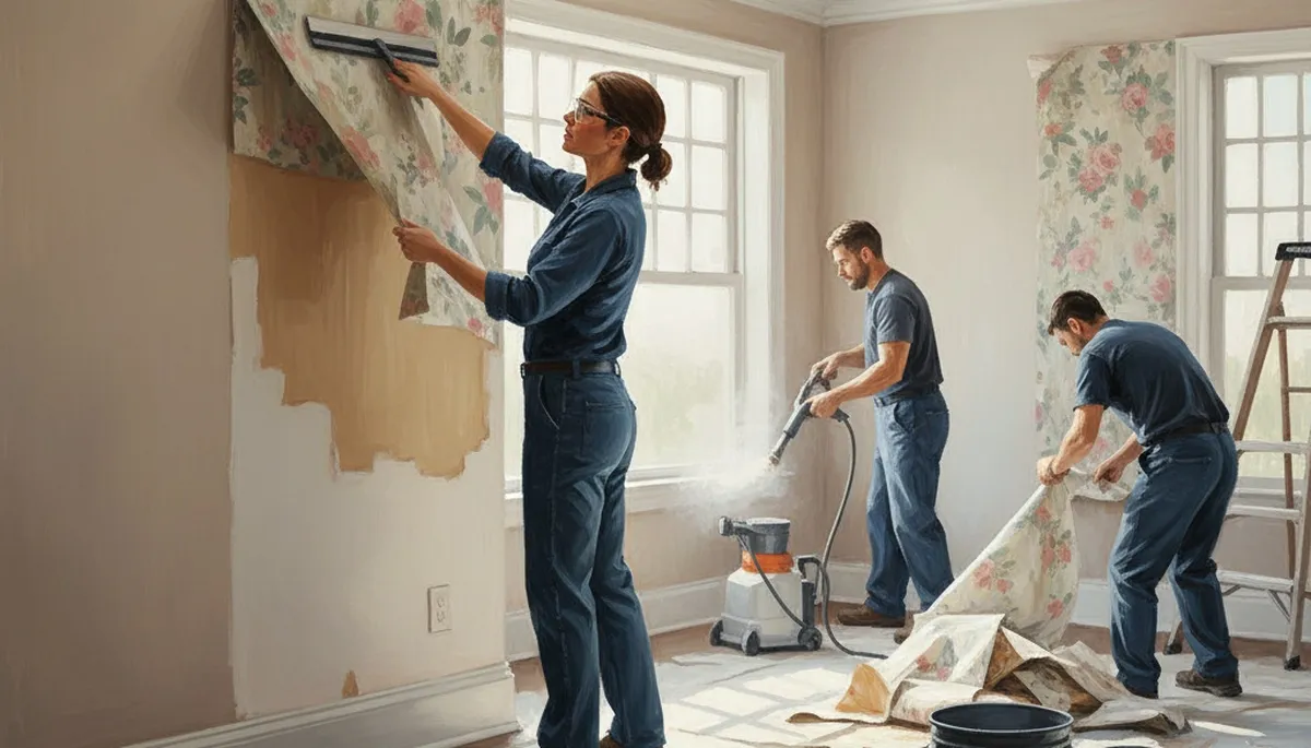 Cleveland, OH painters safely removing wallpaper and preparing walls for painting in an older home